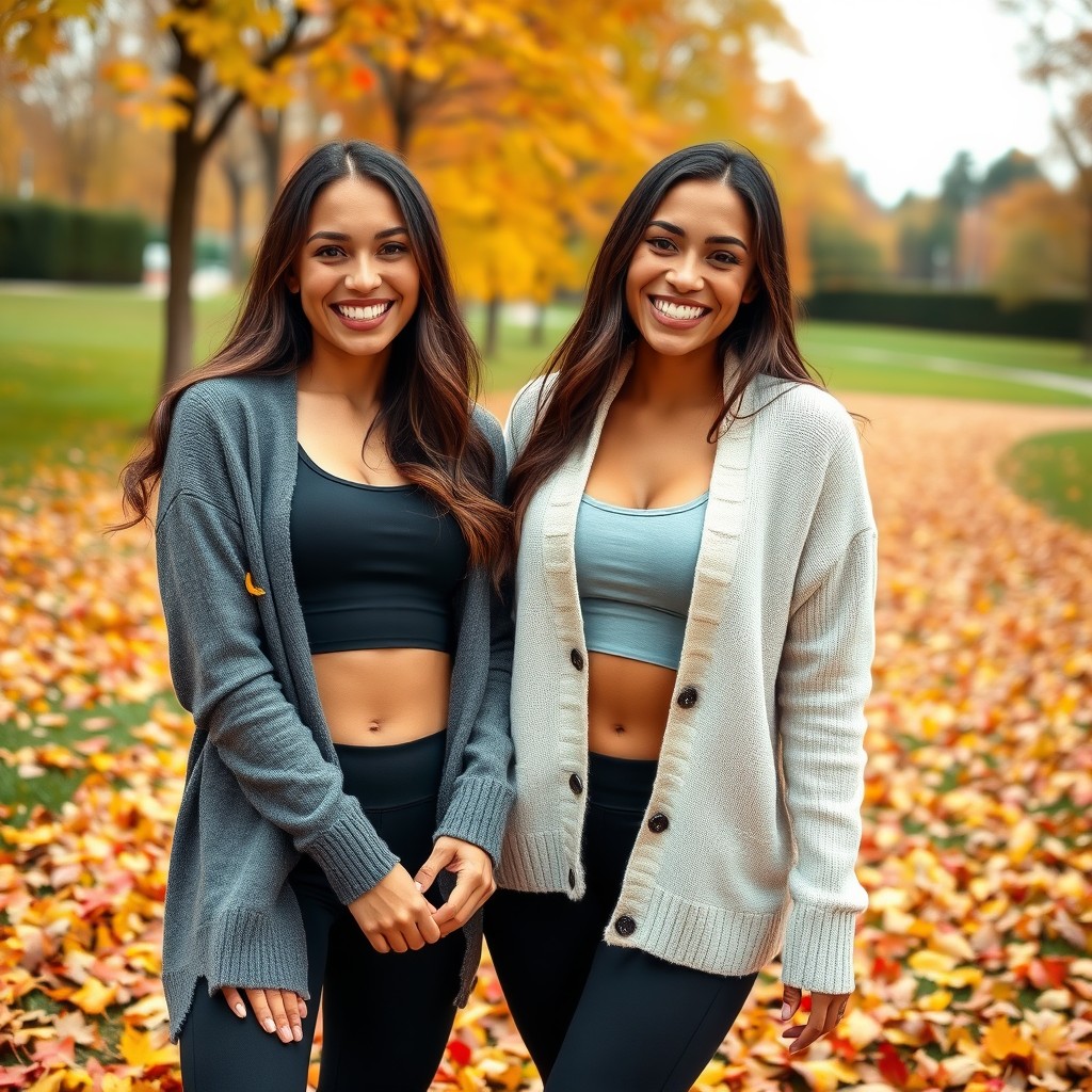 Two cute Italian brunettes joyfully smiling, showcasing their figures in stylish yoga leggings and trendy crop tops, layered with cozy cardigan sweaters
