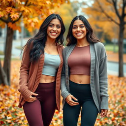 Two cute Italian brunettes joyfully smiling, showcasing their figures in stylish yoga leggings and trendy crop tops, layered with cozy cardigan sweaters