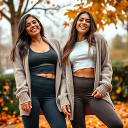 Two cute Italian brunettes joyfully smiling, showcasing their figures in stylish yoga leggings and trendy crop tops, layered with cozy cardigan sweaters