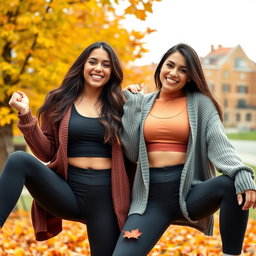 Two cute Italian brunettes joyfully smiling, showcasing their figures in stylish yoga leggings and trendy crop tops, layered with cozy cardigan sweaters