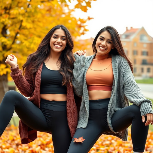Two cute Italian brunettes joyfully smiling, showcasing their figures in stylish yoga leggings and trendy crop tops, layered with cozy cardigan sweaters