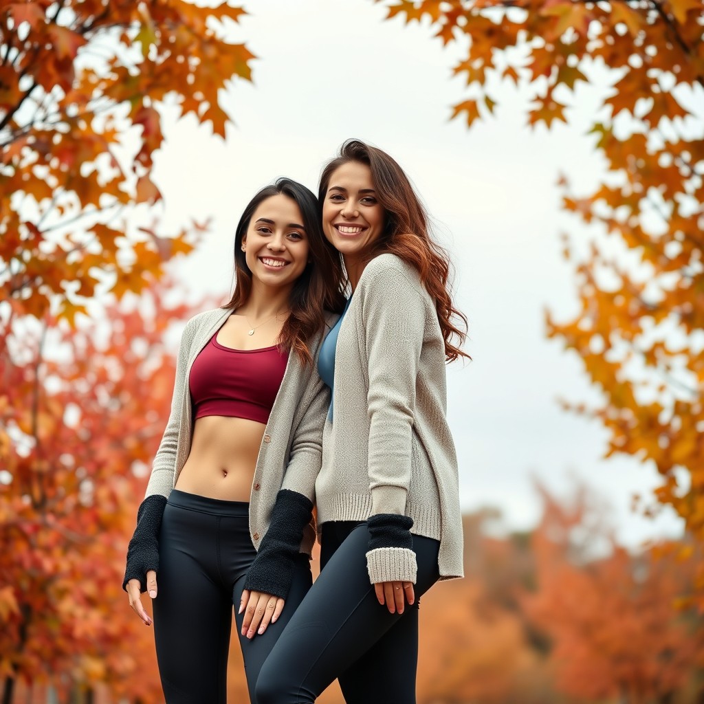 Two cute Italian brunettes joyfully smiling, showcasing their figures in stylish yoga leggings, trendy crop tops, and cozy cardigan sweaters, with additional leg warmers for a fashionable touch