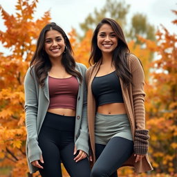 Two cute Italian brunettes joyfully smiling, showcasing their figures in stylish yoga leggings, trendy crop tops, and cozy cardigan sweaters, with additional leg warmers for a fashionable touch