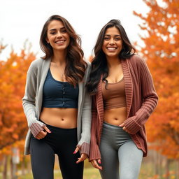 Two cute Italian brunettes joyfully smiling, showcasing their figures in stylish yoga leggings, trendy crop tops, and cozy cardigan sweaters, with additional leg warmers for a fashionable touch