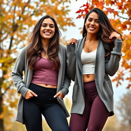 Two cute Italian brunettes joyfully smiling, showcasing their figures in stylish yoga leggings, trendy crop tops, and cozy cardigan sweaters, with additional leg warmers for a fashionable touch
