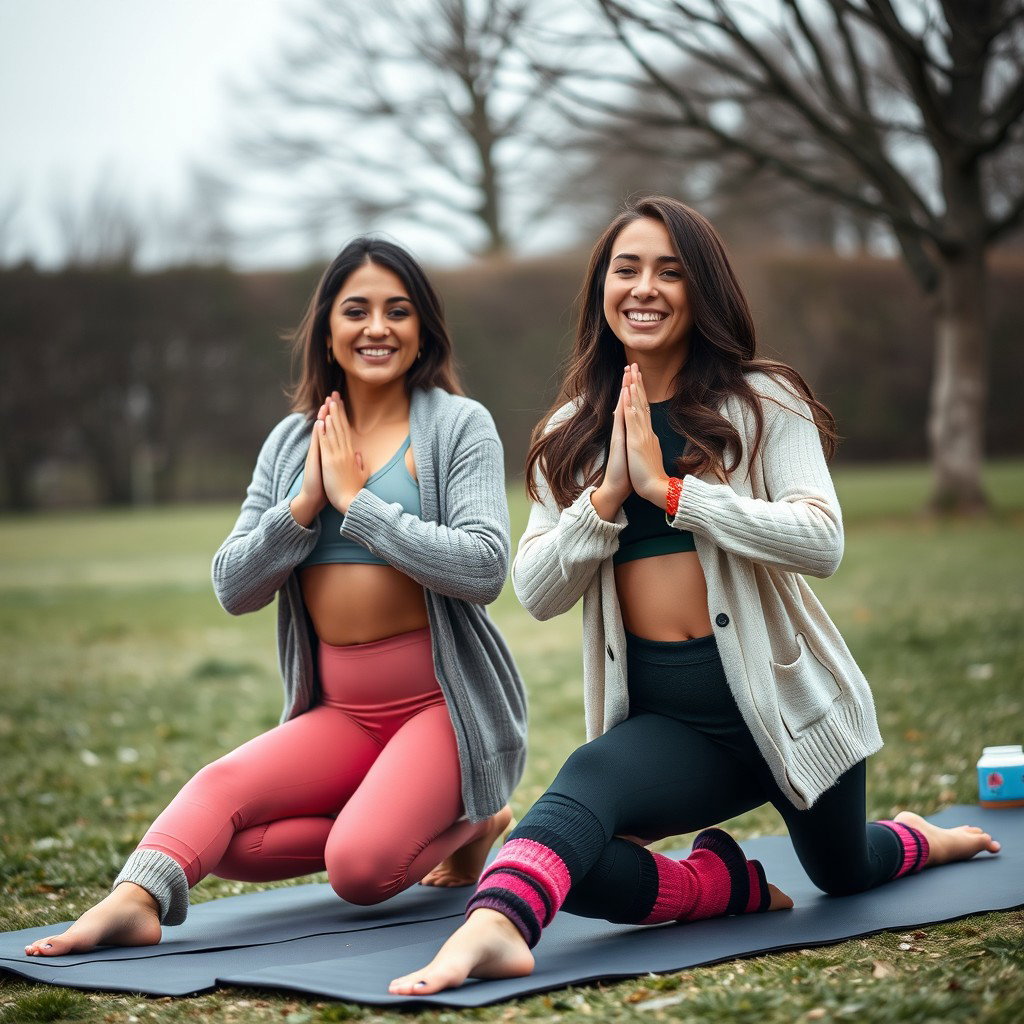 Two cute, smiling Italian brunettes practicing yoga on a mat on a dreary day