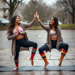 Two cute, smiling Italian brunettes practicing yoga on a mat on a dreary day