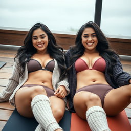 Two cute, smiling Italian brunettes lounging on a yoga mat on a dreary day, wearing stylish bikinis complemented with cozy cardigan sweaters
