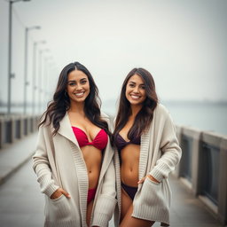Two cute, smiling Italian brunettes standing together on a dreary day, wearing stylish bikinis layered with fashionable cardigan sweaters