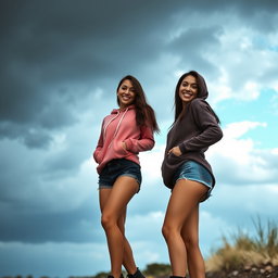 Two cute, smiling Italian brunettes wearing trendy booty shorts and cozy hoodie tops, playfully showing off their figures against a striking backdrop of a very dark, dreary day in the foreground contrasted with a brilliant crystalline blue sky in the background
