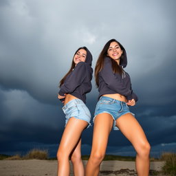 Two cute, smiling Italian brunettes wearing trendy booty shorts and cozy hoodie tops, playfully showing off their figures against a striking backdrop of a very dark, dreary day in the foreground contrasted with a brilliant crystalline blue sky in the background