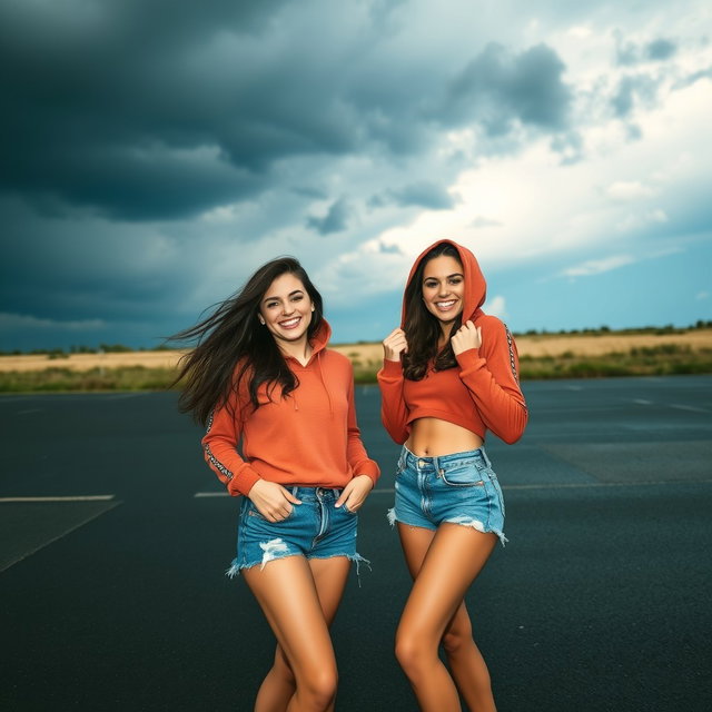 Two cute, smiling Italian brunettes wearing trendy booty shorts and cozy hoodie tops, playfully showing off their figures against a striking backdrop of a very dark, dreary day in the foreground contrasted with a brilliant crystalline blue sky in the background