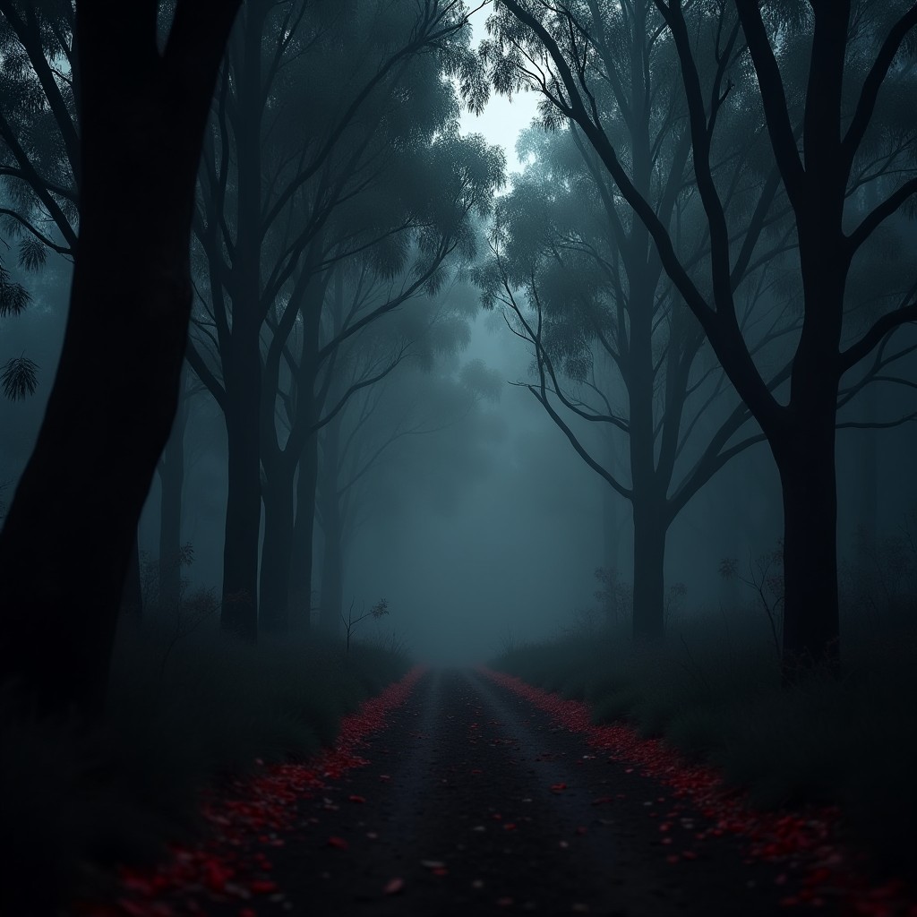 A nighttime scene set in a eucalyptus forest, shrouded in light mist that adds a mysterious atmosphere