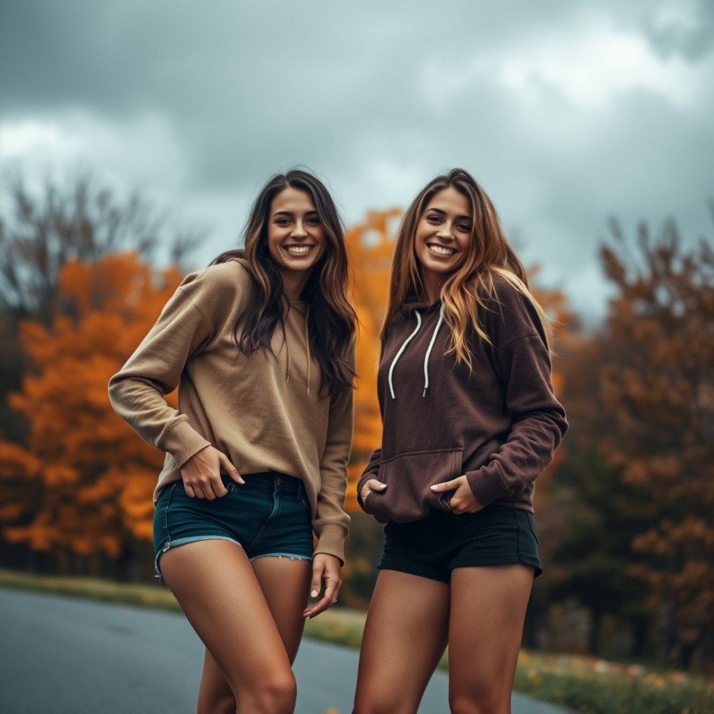Two cute, smiling Italian brunettes dressed in trendy booty shorts and cozy hoodie tops, playfully showing off their figures against a backdrop of a very dark, dreary autumn day