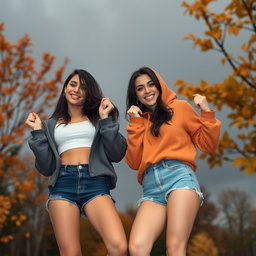 Two cute, smiling Italian brunettes dressed in trendy booty shorts and cozy hoodie tops, playfully showing off their figures against a backdrop of a very dark, dreary autumn day