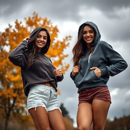 Two cute, smiling Italian brunettes dressed in trendy booty shorts and cozy hoodie tops, playfully showing off their figures against a backdrop of a very dark, dreary autumn day