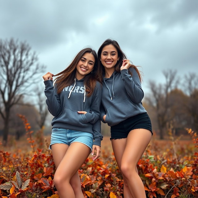 Two cute, smiling Italian brunettes dressed in trendy booty shorts and cozy hoodie tops, playfully showing off their figures against a backdrop of a very dark, dreary autumn day