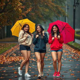 Three cute, smiling Italian brunettes wearing trendy booty shorts and cozy hoodie tops, playfully showing off their figures while holding colorful umbrellas against a very dark, dreary, and drizzly autumn day