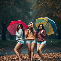 Three cute, smiling Italian brunettes wearing trendy booty shorts and cozy hoodie tops, playfully showing off their figures while holding colorful umbrellas against a very dark, dreary, and drizzly autumn day