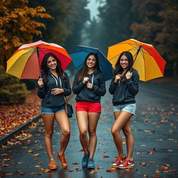 Three cute, smiling Italian brunettes wearing trendy booty shorts and cozy hoodie tops, playfully showing off their figures while holding colorful umbrellas against a very dark, dreary, and drizzly autumn day