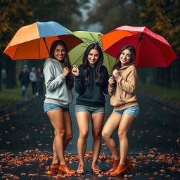 Three cute, smiling Italian brunettes wearing trendy booty shorts and cozy hoodie tops, playfully showing off their figures while holding colorful umbrellas against a very dark, dreary, and drizzly autumn day