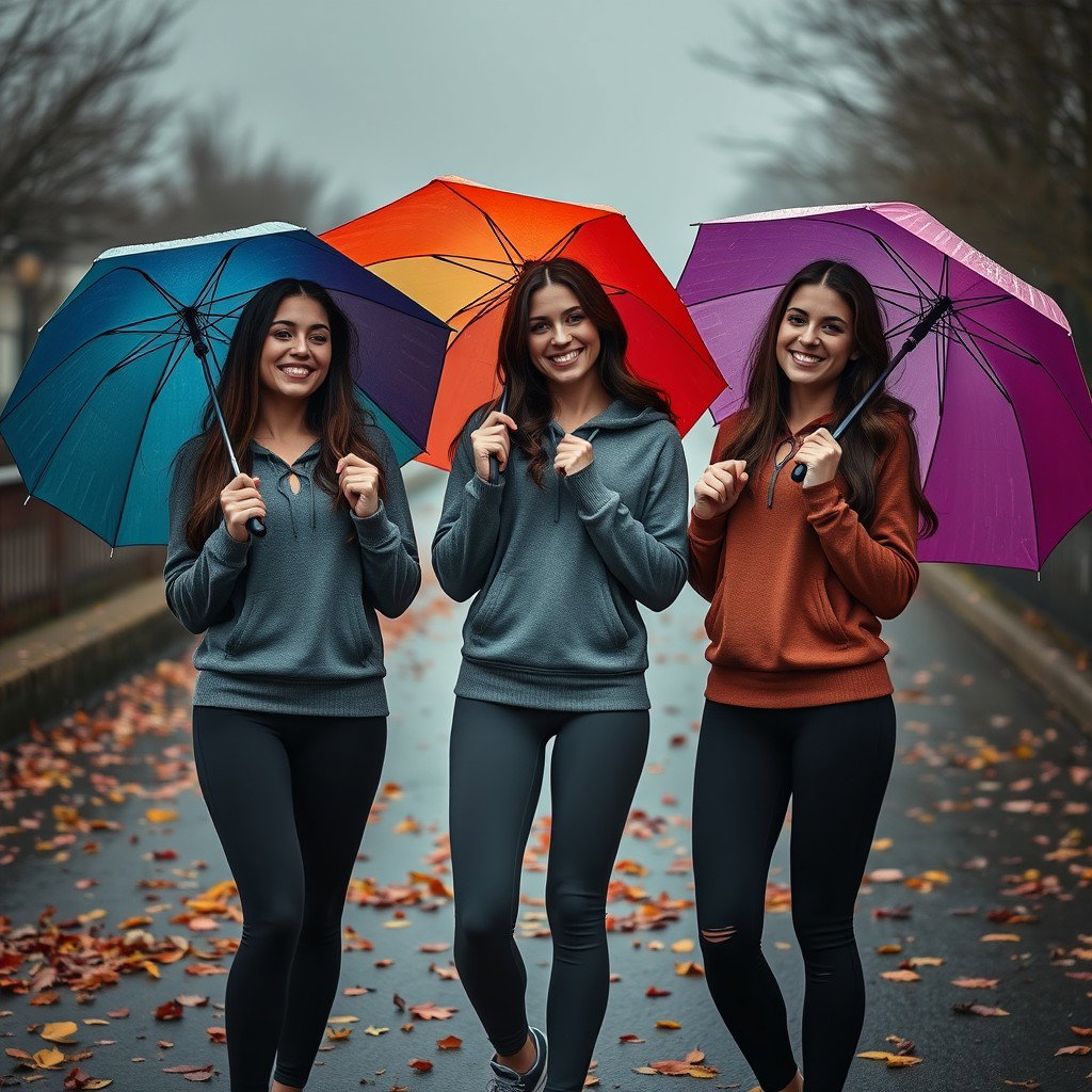 Three cute, smiling Italian brunettes dressed in stylish yoga leggings and cozy hoodie tops, playfully showing off their figures while holding colorful umbrellas on a very dark, dreary, drizzly autumn day