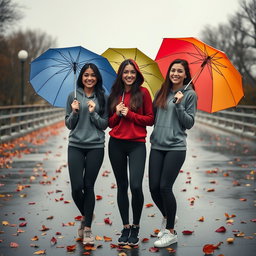 Three cute, smiling Italian brunettes dressed in stylish yoga leggings and cozy hoodie tops, playfully showing off their figures while holding colorful umbrellas on a very dark, dreary, drizzly autumn day