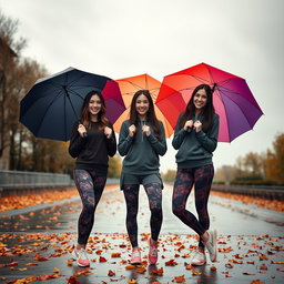 Three cute, smiling Italian brunettes dressed in stylish yoga leggings and cozy hoodie tops, playfully showing off their figures while holding colorful umbrellas on a very dark, dreary, drizzly autumn day