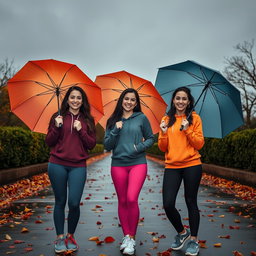 Three cute, smiling Italian brunettes dressed in stylish yoga leggings and cozy hoodie tops, playfully showing off their figures while holding colorful umbrellas on a very dark, dreary, drizzly autumn day