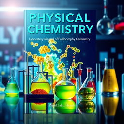 A stunning book cover design for a laboratory manual on physical chemistry, featuring a sleek modern lab with various scientific equipment such as beakers, test tubes, spectroscopy, and molecular models