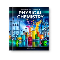 A stunning book cover design for a laboratory manual on physical chemistry, featuring a sleek modern lab with various scientific equipment such as beakers, test tubes, spectroscopy, and molecular models