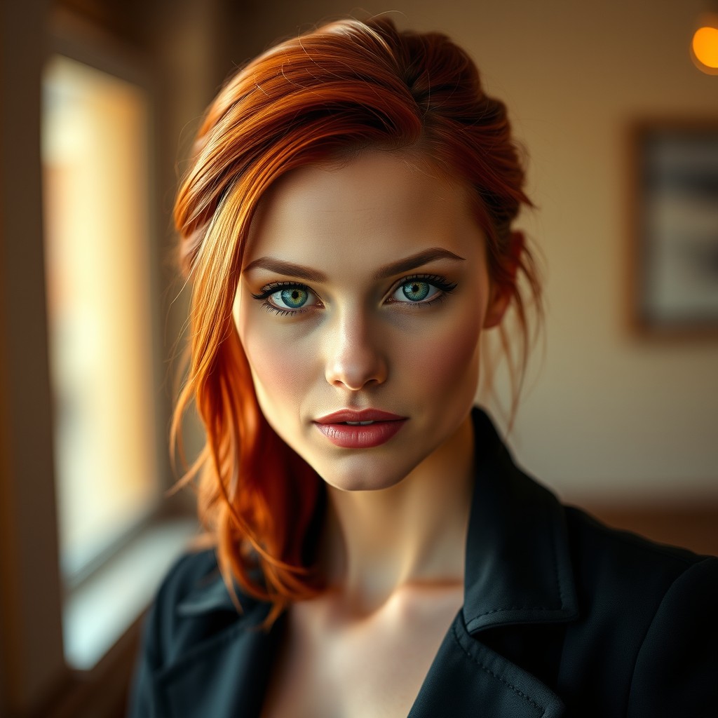 A photo realistic image of a 30-year-old woman with vibrant red hair styled elegantly and striking bright green eyes