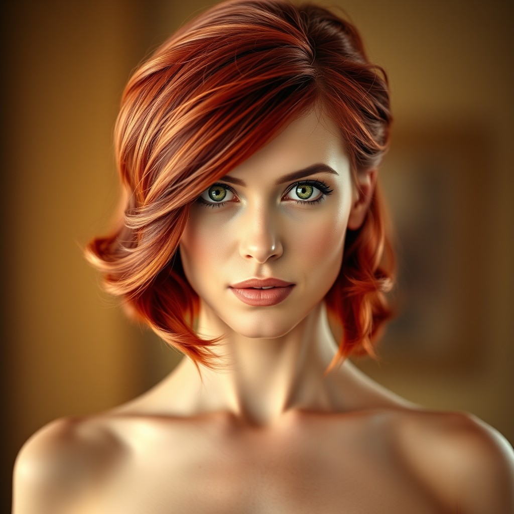 A photo realistic image of a 30-year-old woman with vibrant red hair styled elegantly and striking bright green eyes, facing straight at the camera
