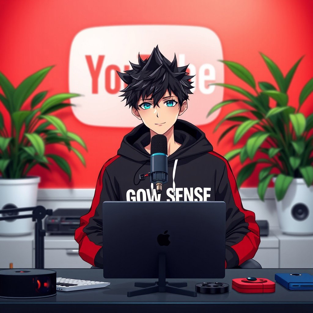 An 18-year-old anime boy with spiky black hair and bright blue eyes, sitting in front of a computer desk