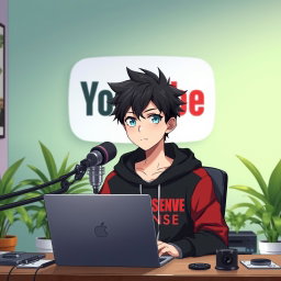 An 18-year-old anime boy with spiky black hair and bright blue eyes, sitting in front of a computer desk