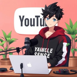 An 18-year-old anime boy with spiky black hair and bright blue eyes, sitting in front of a computer desk