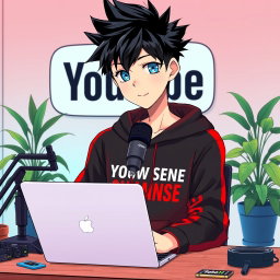 An 18-year-old anime boy with spiky black hair and bright blue eyes, sitting in front of a computer desk