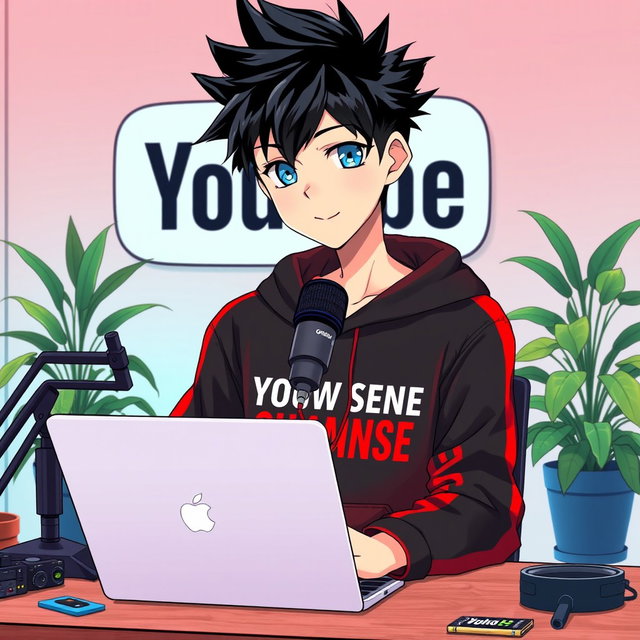 An 18-year-old anime boy with spiky black hair and bright blue eyes, sitting in front of a computer desk