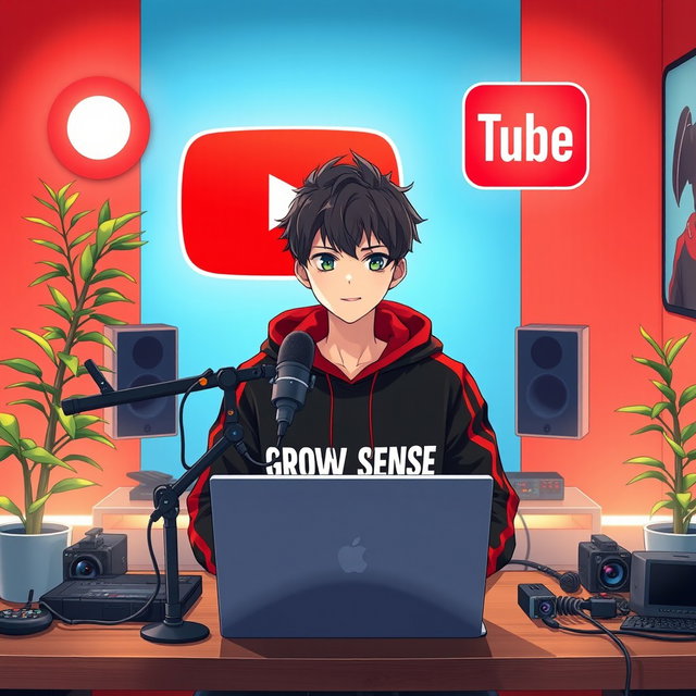 An 18-year-old anime boy sitting in front of a computer desk, with a microphone and a laptop in front of him
