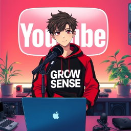 An 18-year-old anime boy sitting in front of a computer desk, with a microphone and a laptop in front of him