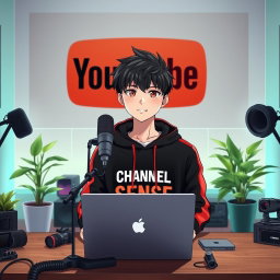 An 18-year-old anime boy sitting in front of a computer desk, with a microphone and a laptop in front of him