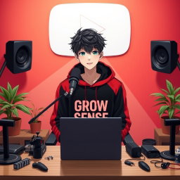 An 18-year-old anime boy sitting in front of a computer desk, with a microphone and a laptop in front of him
