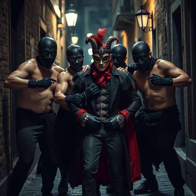 A tense and dramatic scene featuring a group of shirtless male thieves, wearing black masks and gloves, as they forcibly kidnap a man dressed in an extravagant Venetian carnival outfit