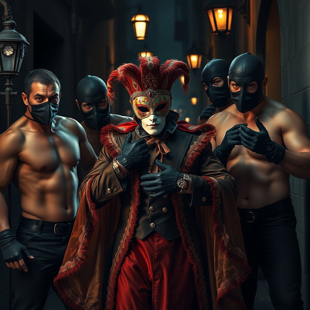 A thrilling and intense scene depicting a group of shirtless male thieves, wearing black masks and gloves, as they abduct a man adorned in an extravagant Venetian carnival outfit