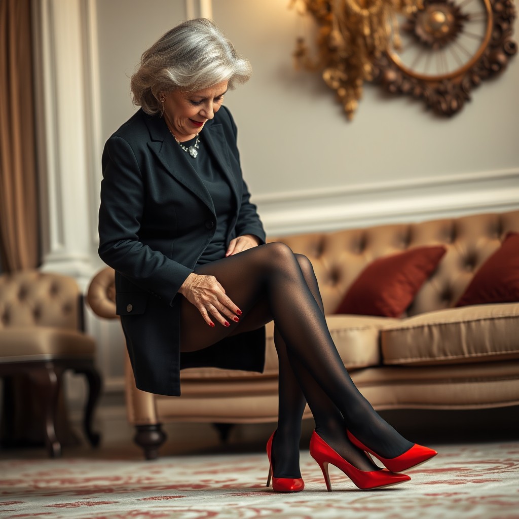 An elegant and rich classy grandmother, 67 years old, dressed in stylish attire