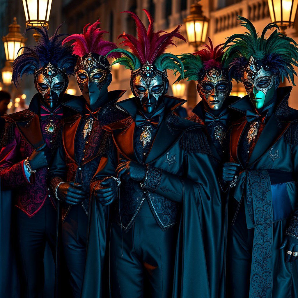 A dramatic ensemble of male supervillains dressed in stunning Venetian carnival outfits, each displaying a bold and unique flair