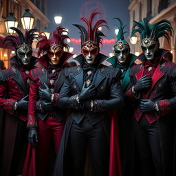 A dramatic ensemble of male supervillains dressed in stunning Venetian carnival outfits, each displaying a bold and unique flair