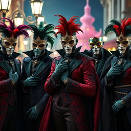 A dramatic ensemble of male supervillains dressed in stunning Venetian carnival outfits, each displaying a bold and unique flair