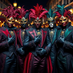 A dramatic ensemble of male supervillains dressed in stunning Venetian carnival outfits, each displaying a bold and unique flair
