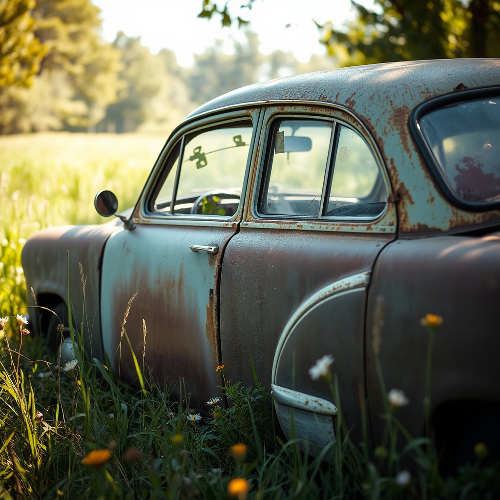 An old, beat-up car parked in an overgrown field, showcasing its rusted metal and faded paint